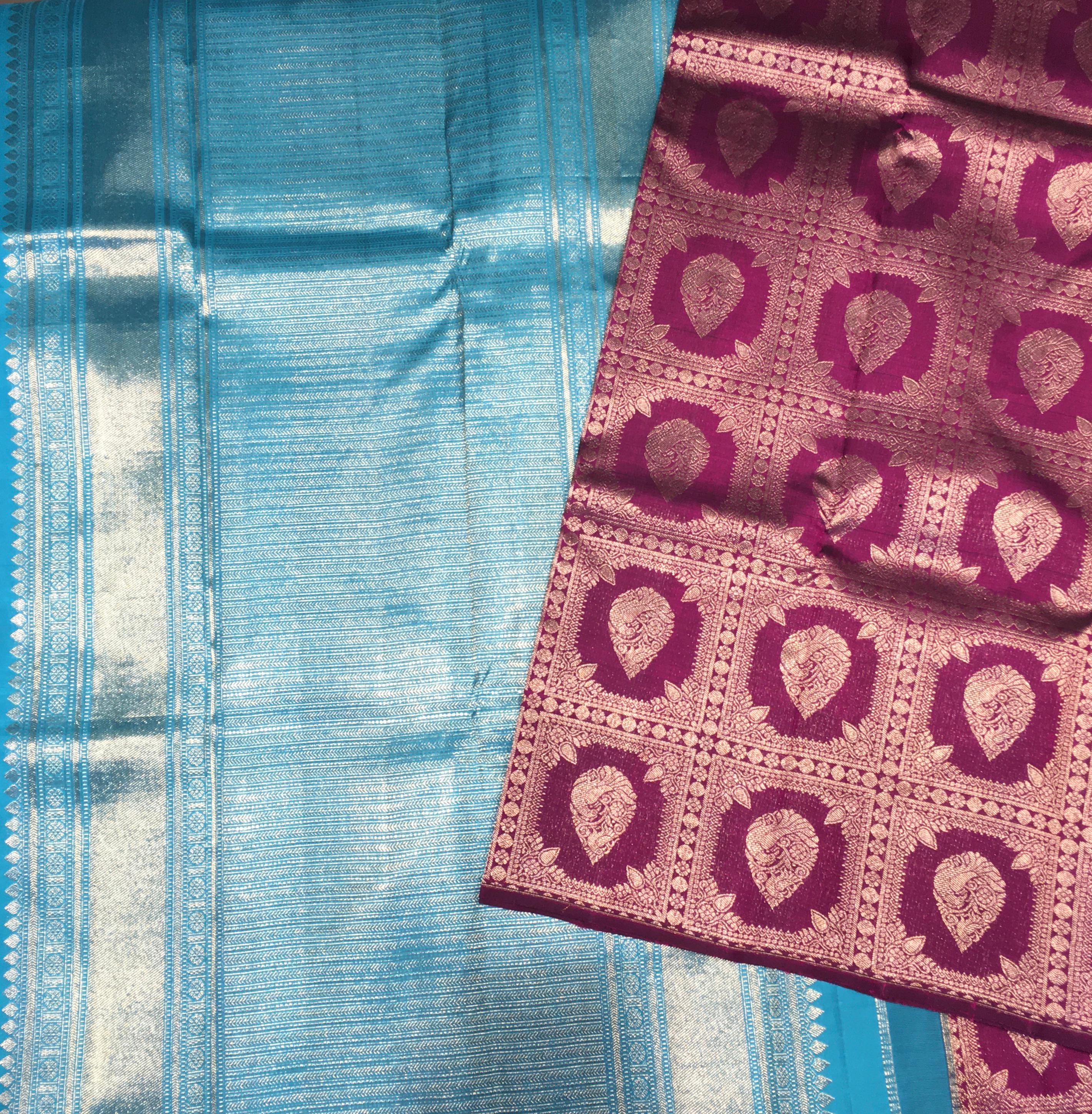 Deep Wine and Aqua Blue Borderless Kanjivaram Silk Saree-view1