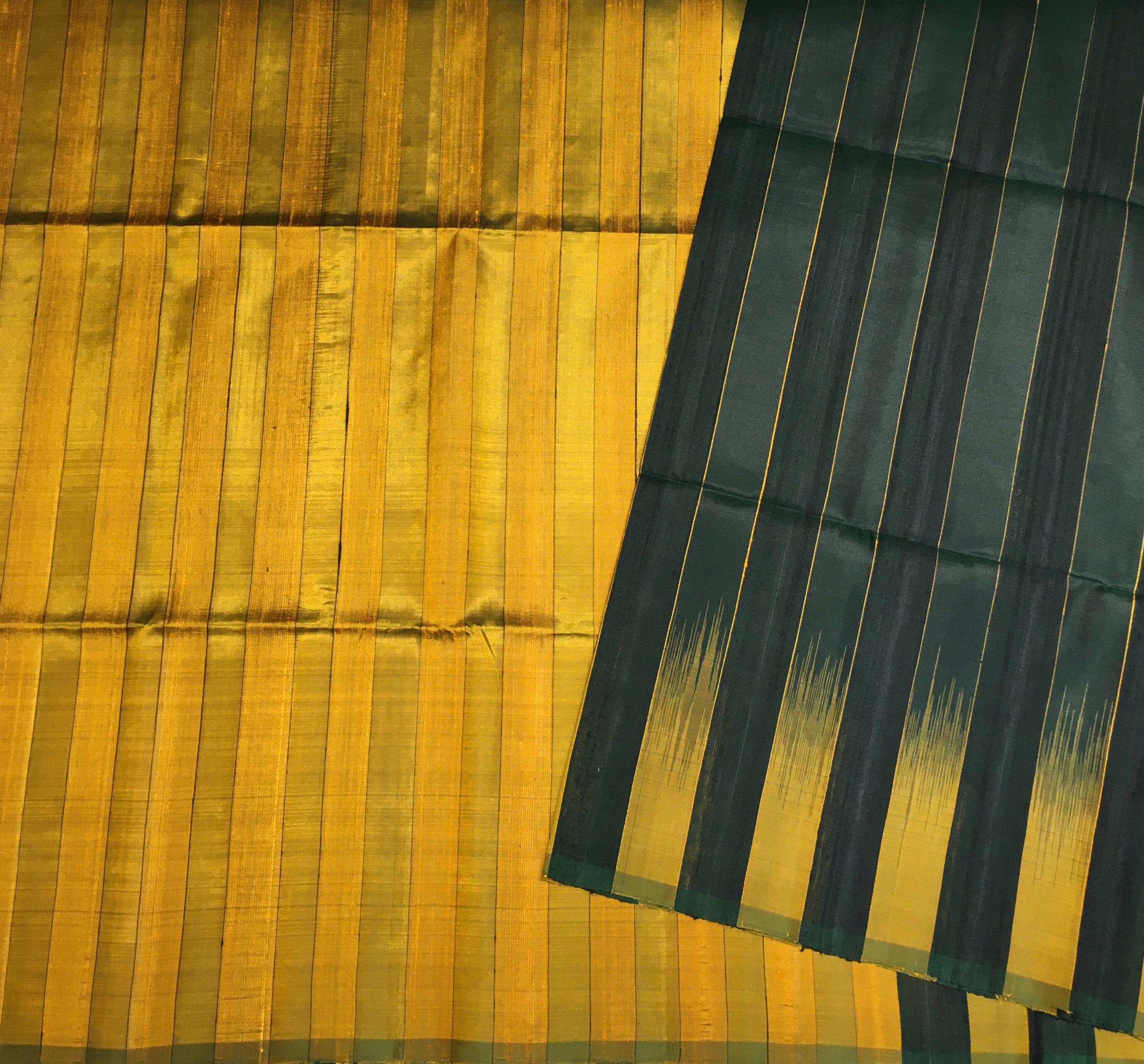 Bottle Green and Mustard Yellow Kanjivaram Soft Silk Saree-view1