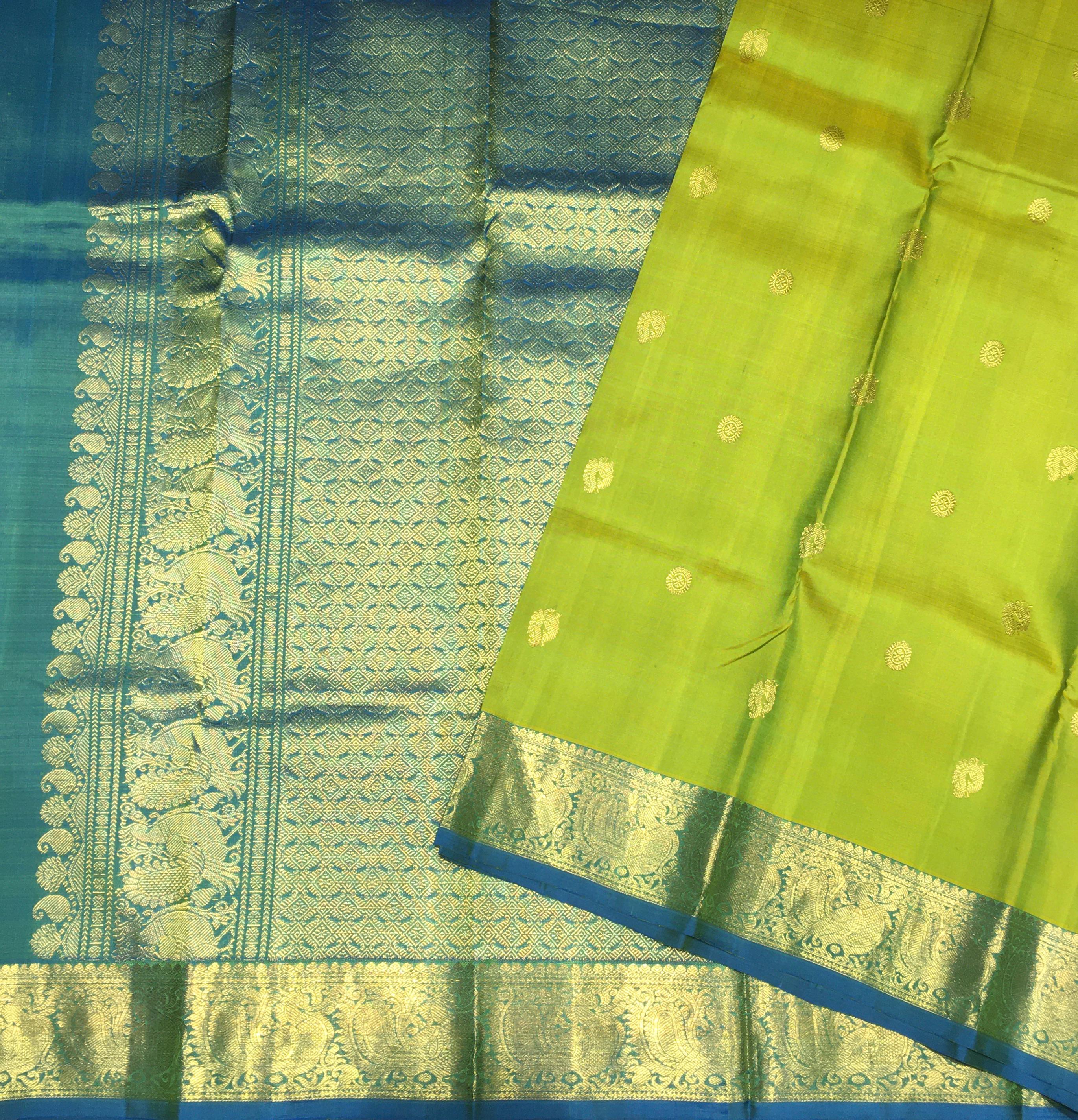 Parrot Green and Sky Blue Traditional Kanjivaram Silk Saree-view1