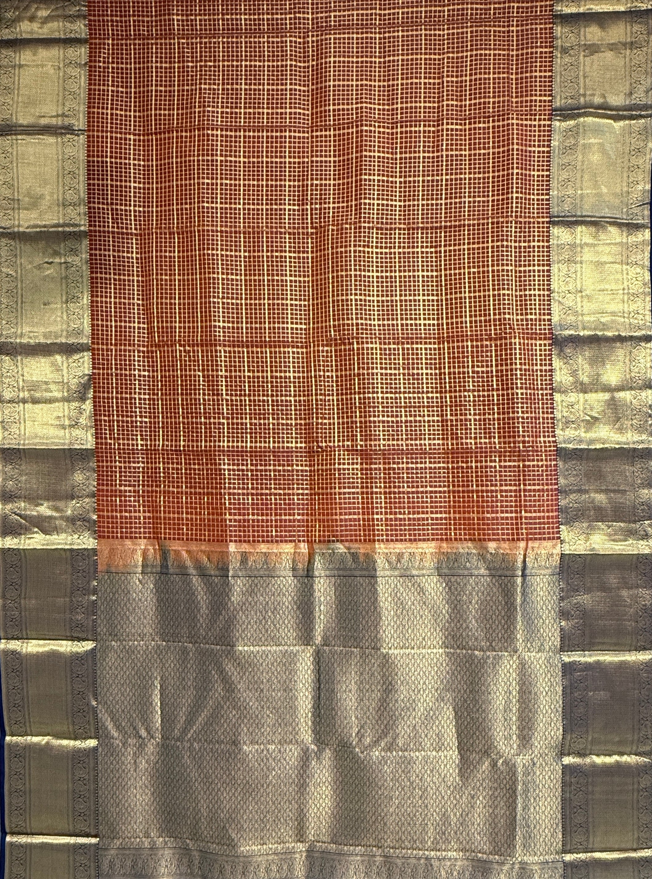 Rust Orange and Dark Blue Kanjivaram Silk Saree-view4