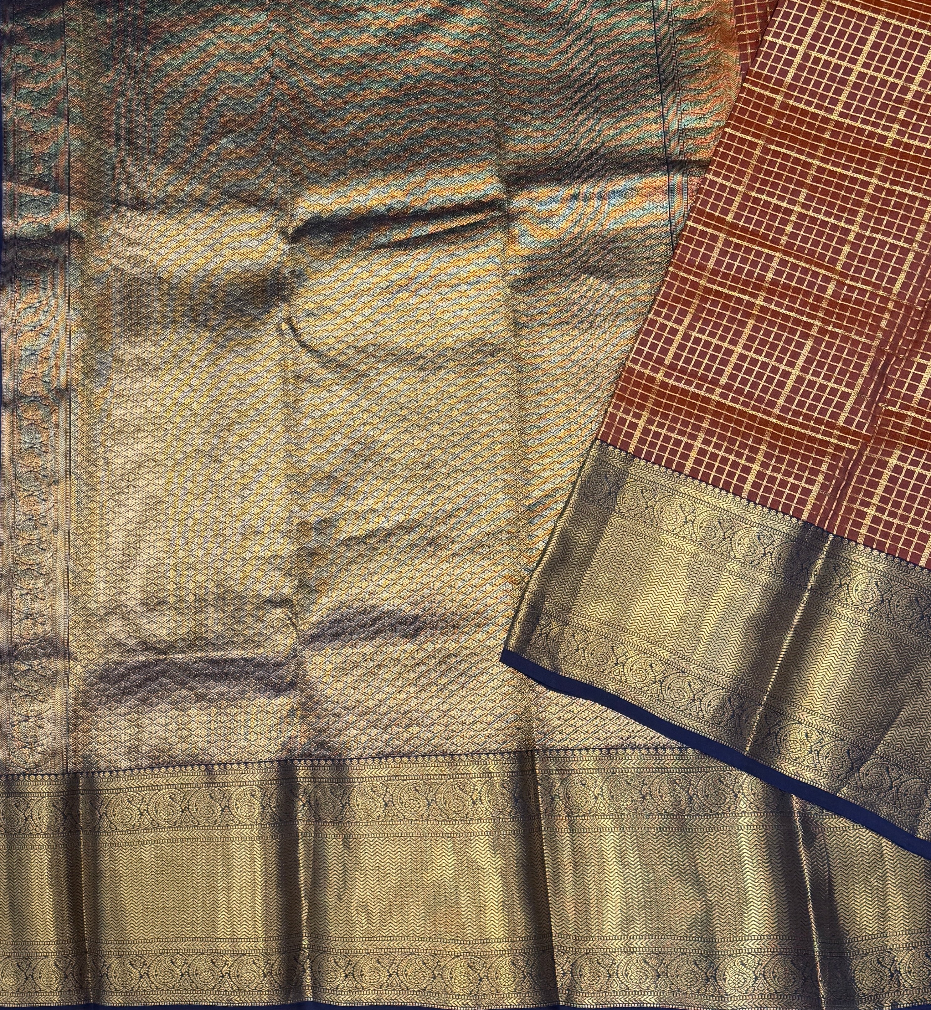 Rust Orange and Dark Blue Kanjivaram Silk Saree-view1