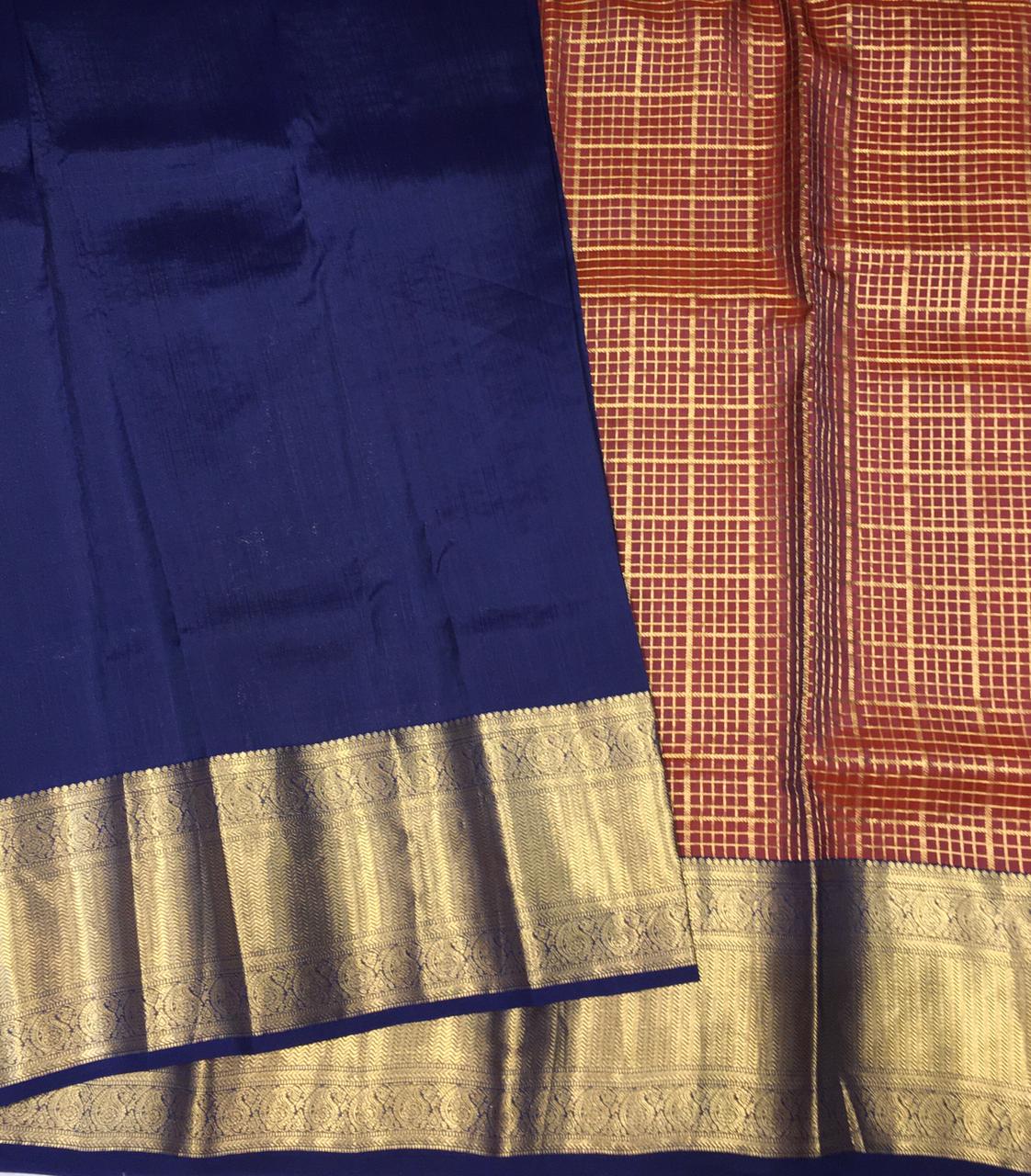 Rust Orange and Dark Blue Kanjivaram Silk Saree-view3
