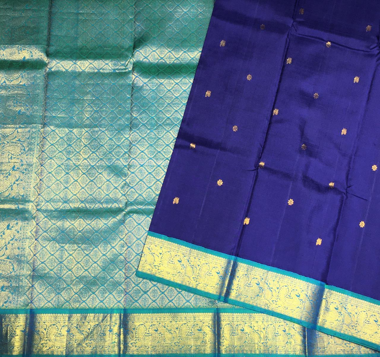 Royal Blue and Aqua Sea Green Kanjivaram Silk Saree-view1