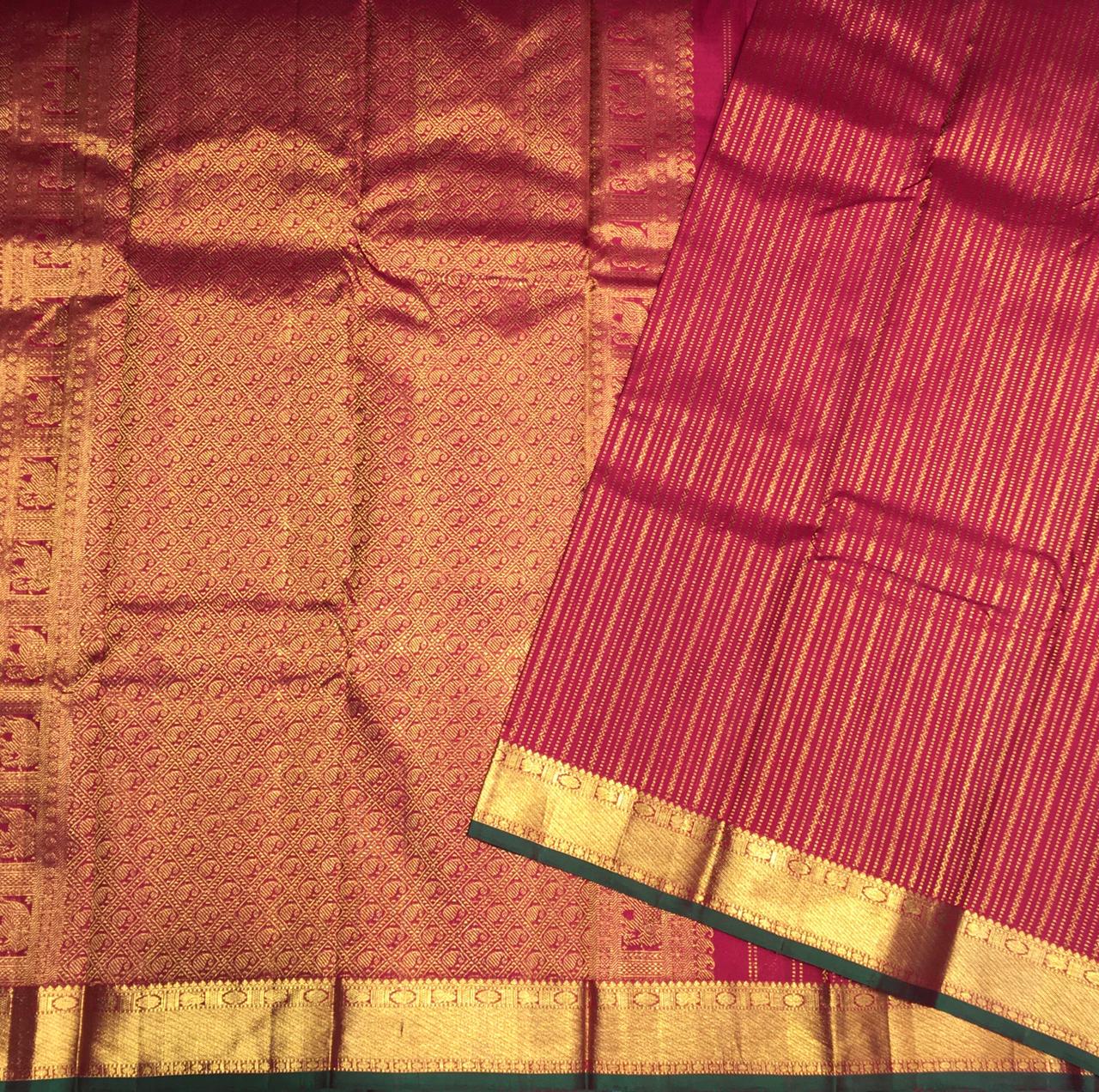 Deep Magenta Pink and Gold Korvai Kanjivaram Silk Saree-view1