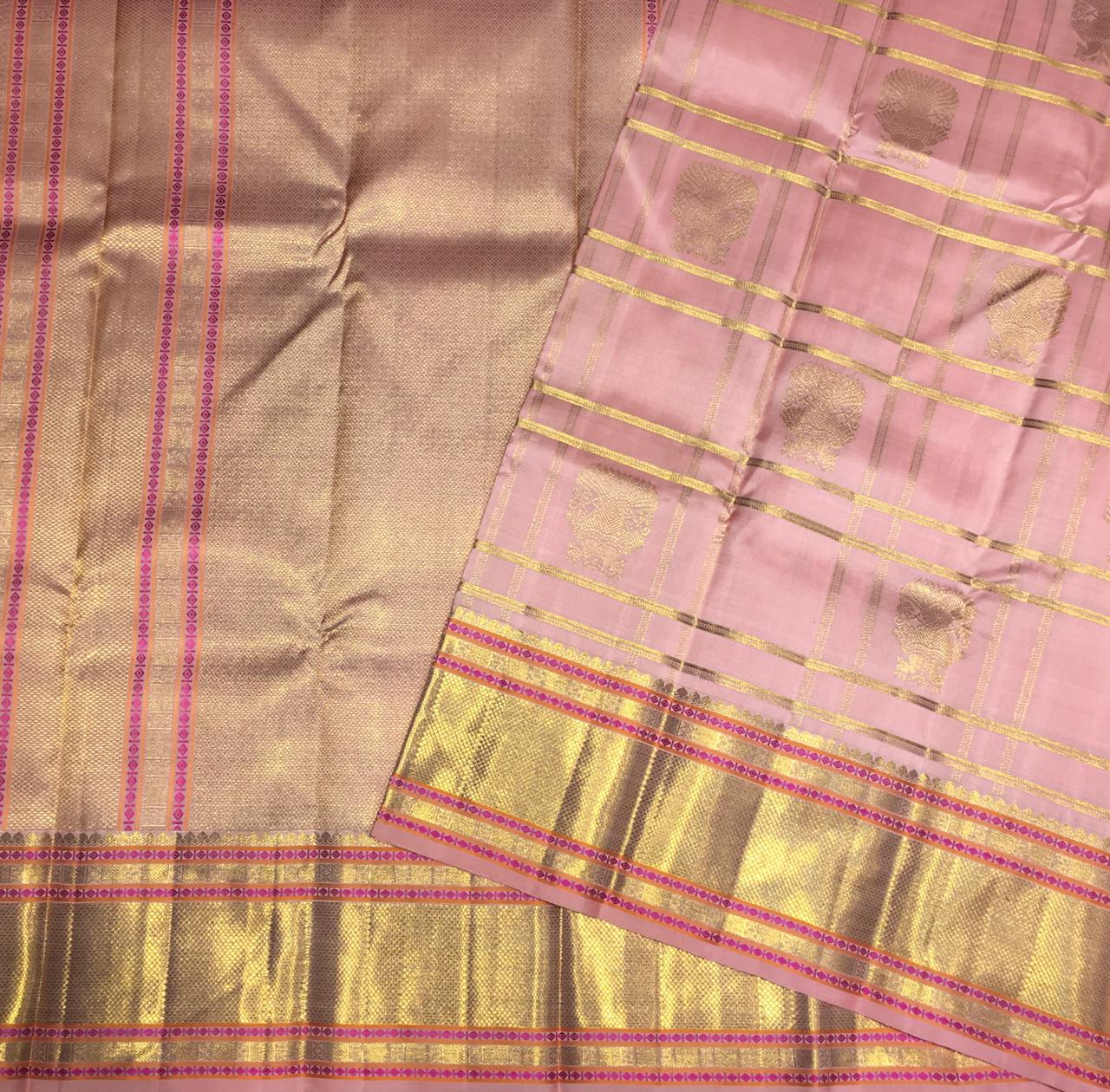 Baby Pink and Gold Korvai Kanjivaram Silk Saree-view1