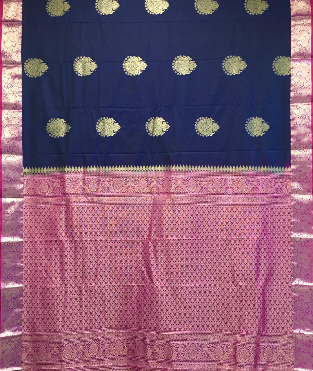 Navy Blue and Magenta Pink Semi Kanjivaram Saree-view4