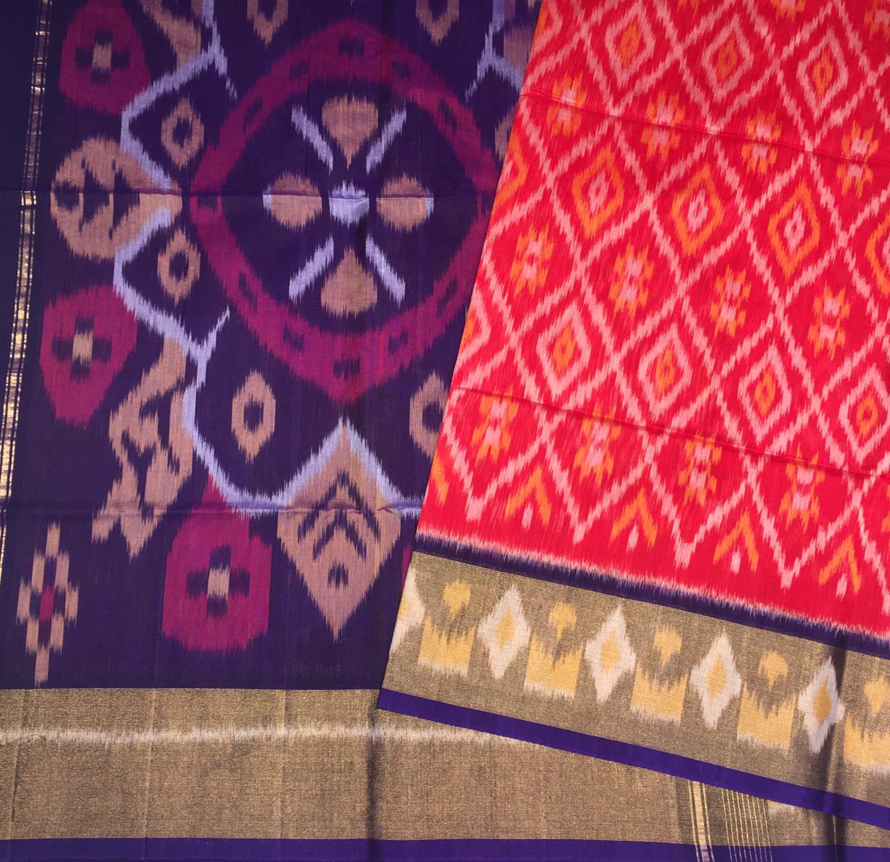 Red And Royal Purple Pochampally Silk Cotton Saree