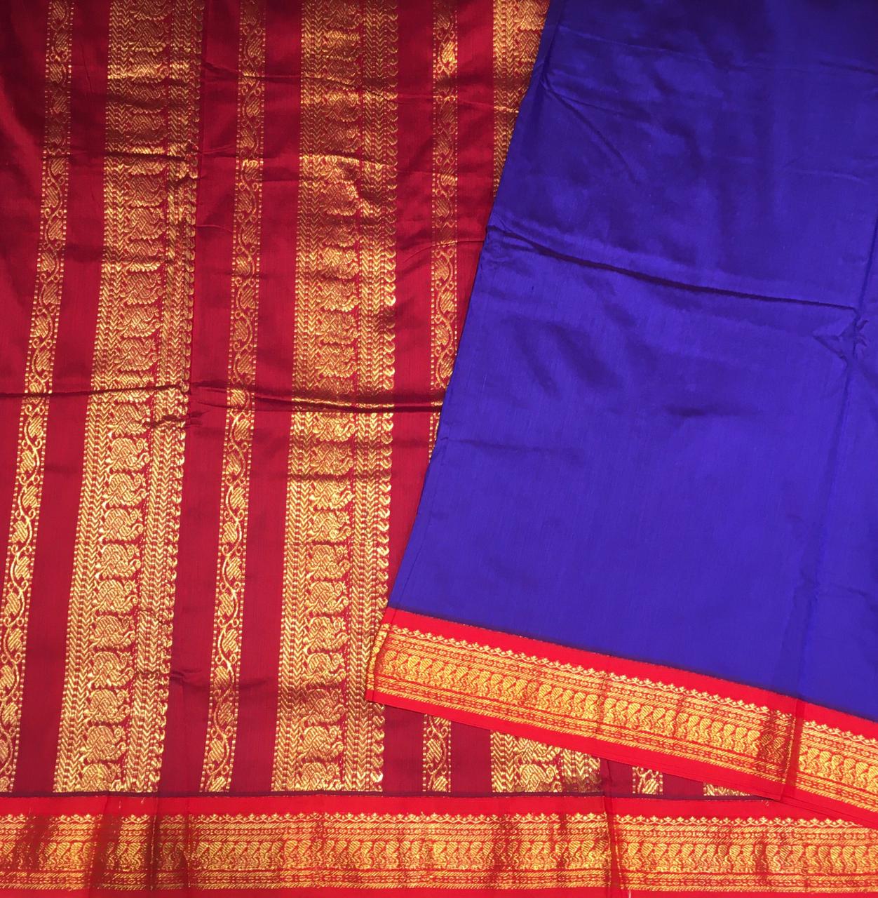 Royal Blue And Red 9-Yards Silk Cotton Saree