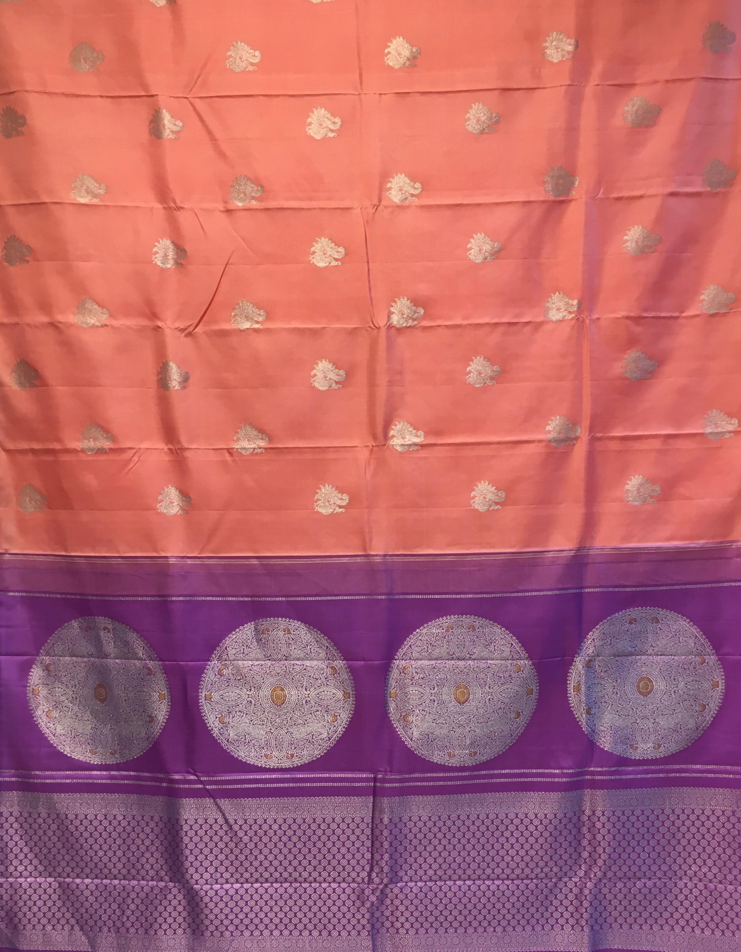 Peach and Royal Purple Borderless Kanjivaram Silk Saree-view4