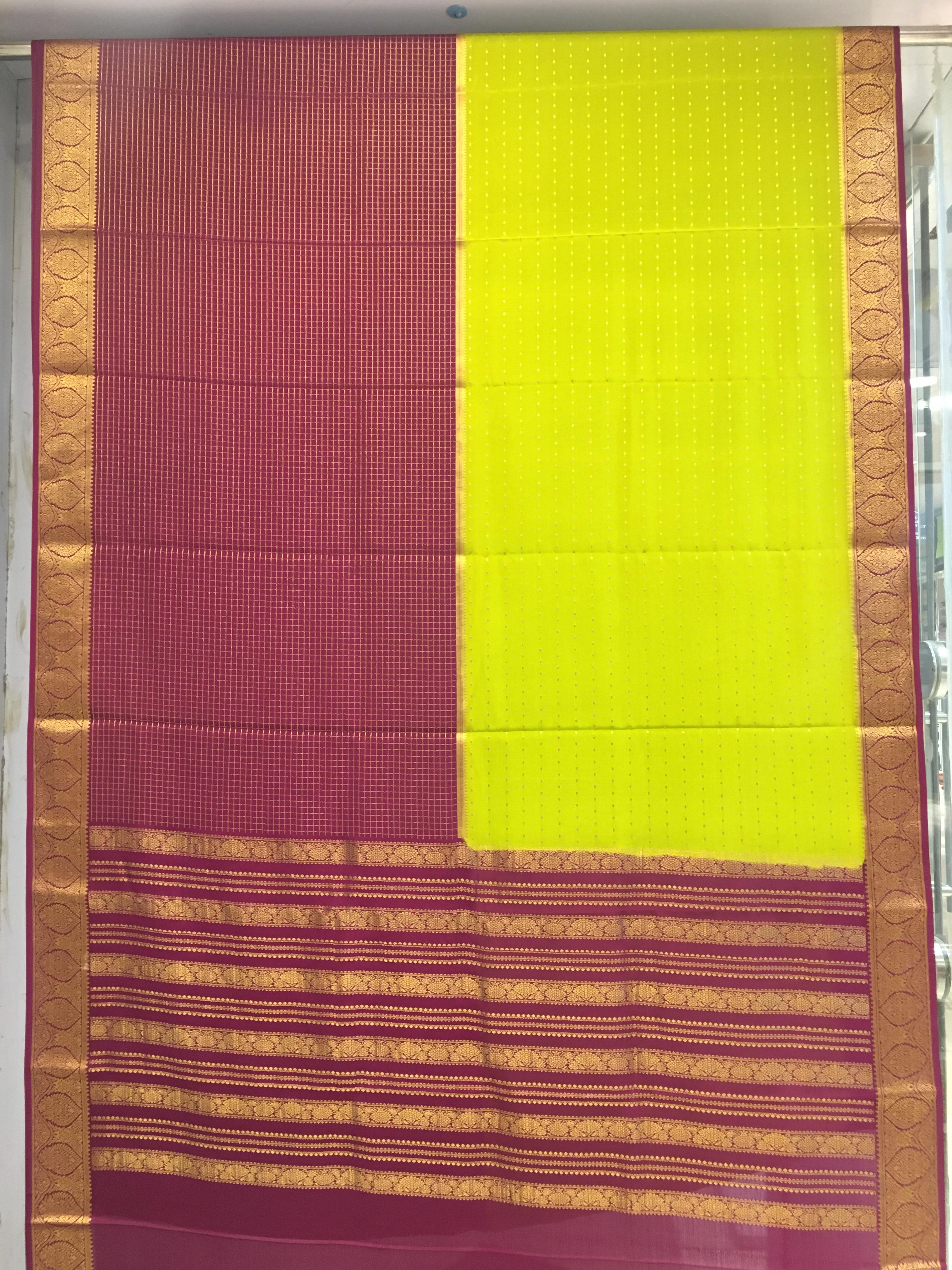 Parrot Green and Magenta Pure Mysore Silk-view4