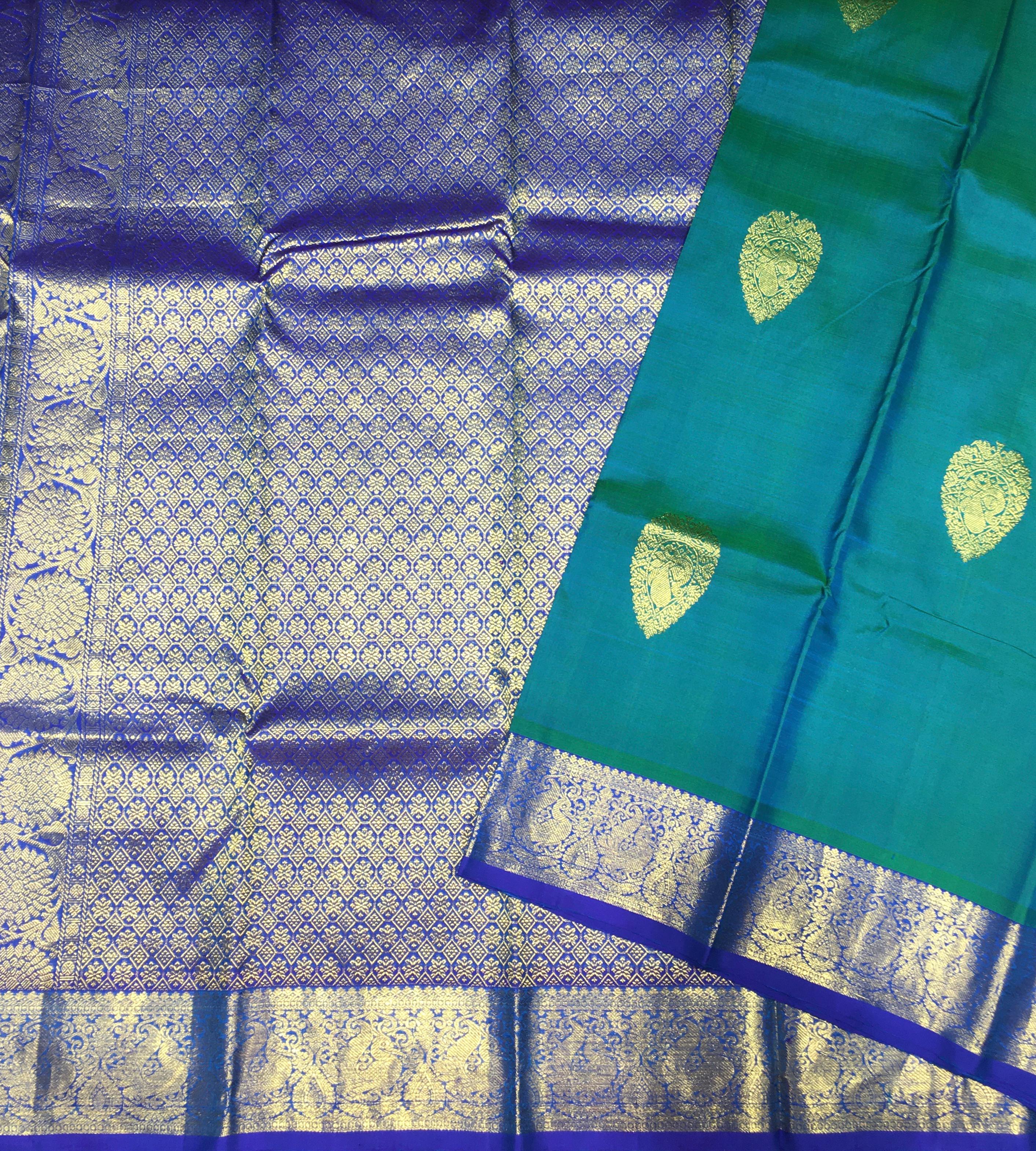 Peacock Blue and Royal Blue Traditional Kanjivaram Silk Saree-view1