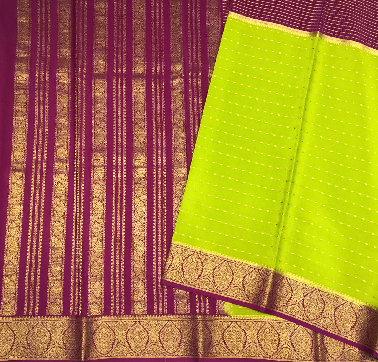 Parrot Green and Magenta Pure Mysore Silk-view1