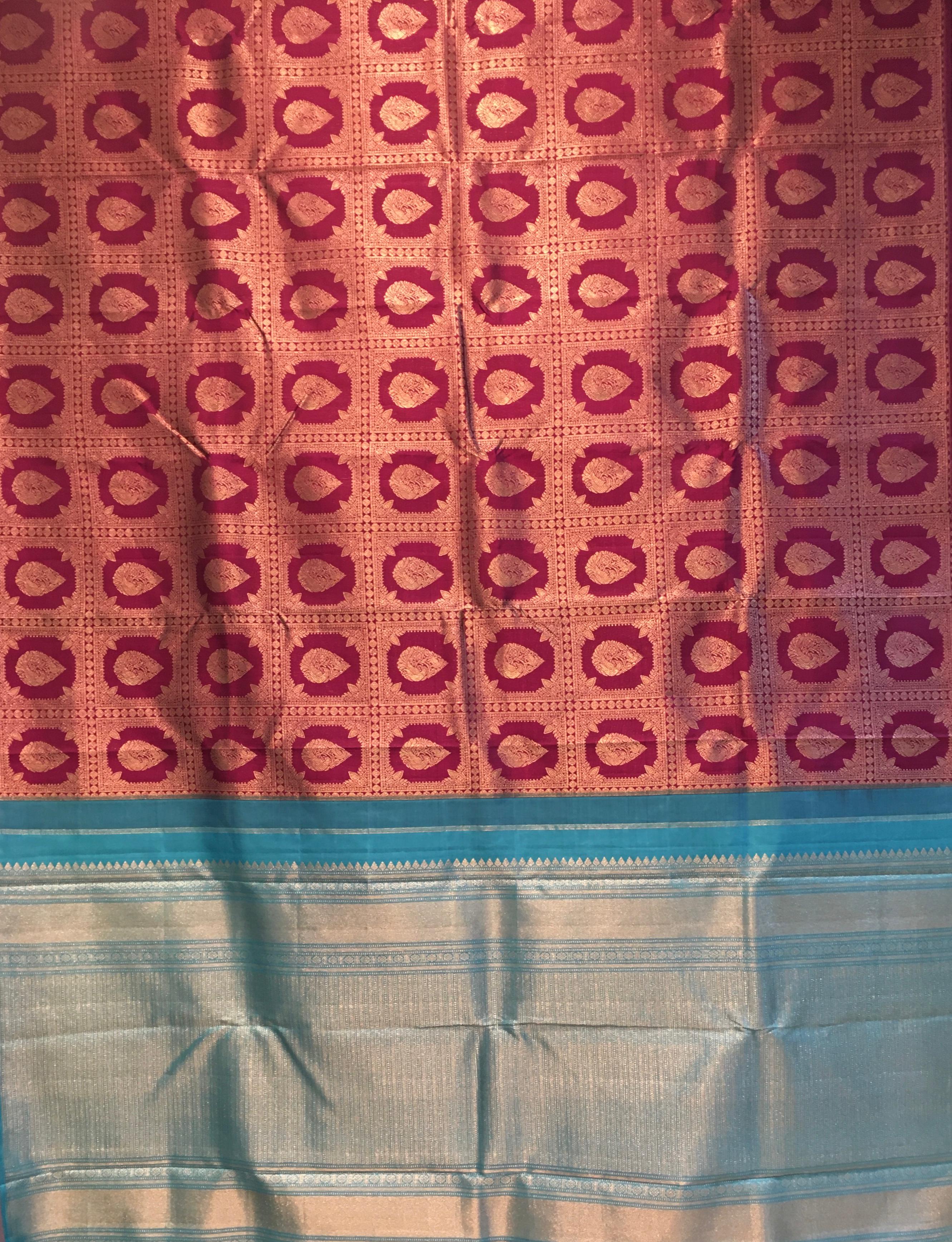 Deep Wine and Aqua Blue Borderless Kanjivaram Silk Saree-view4