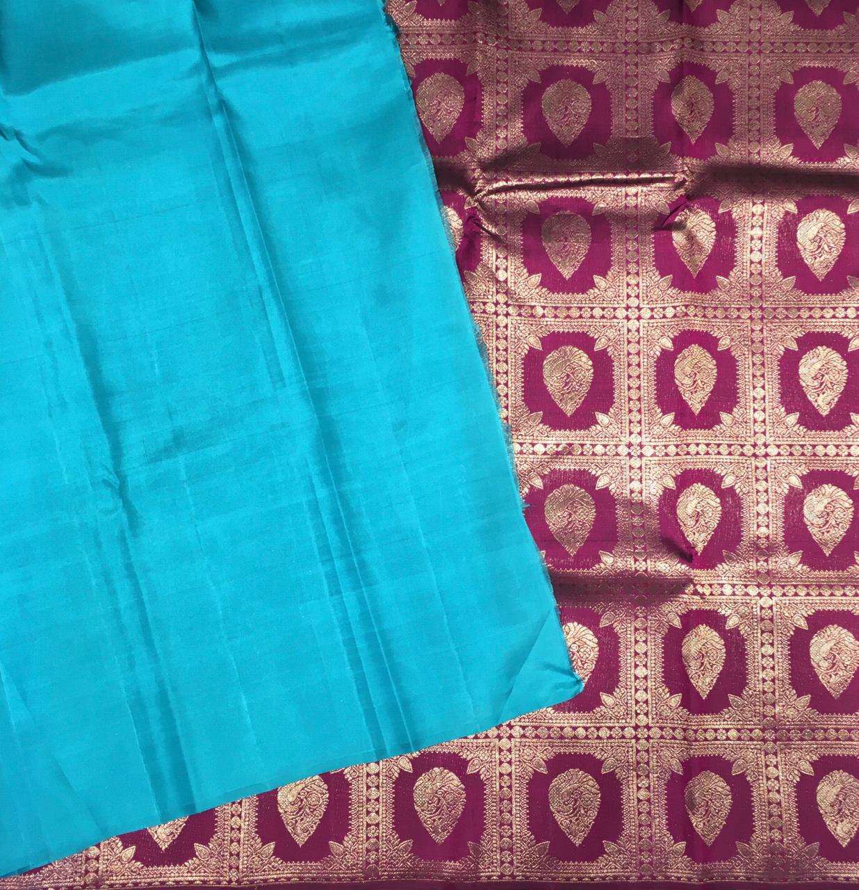 Deep Wine and Aqua Blue Borderless Kanjivaram Silk Saree-view3