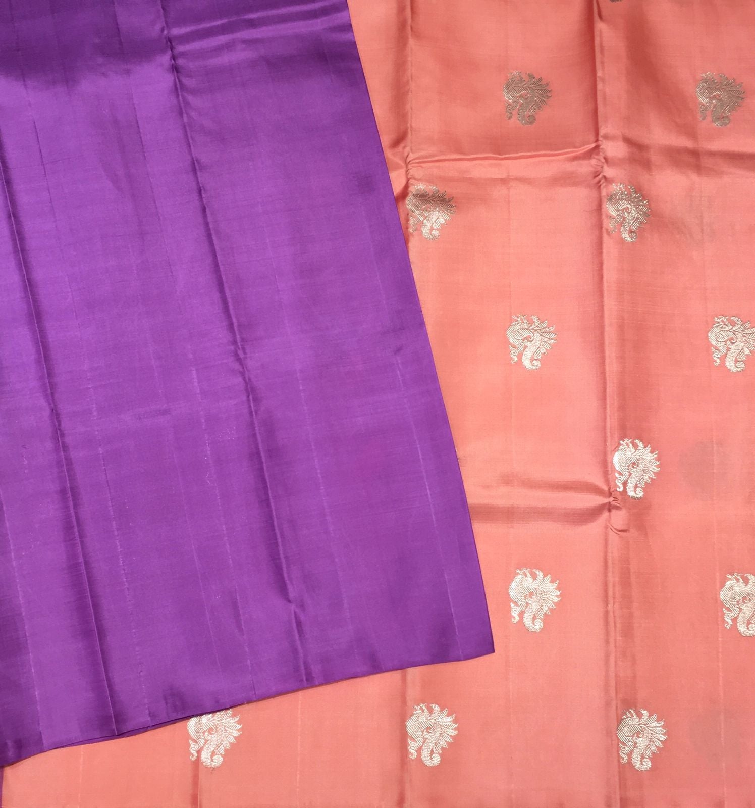 Peach and Royal Purple Borderless Kanjivaram Silk Saree-view3