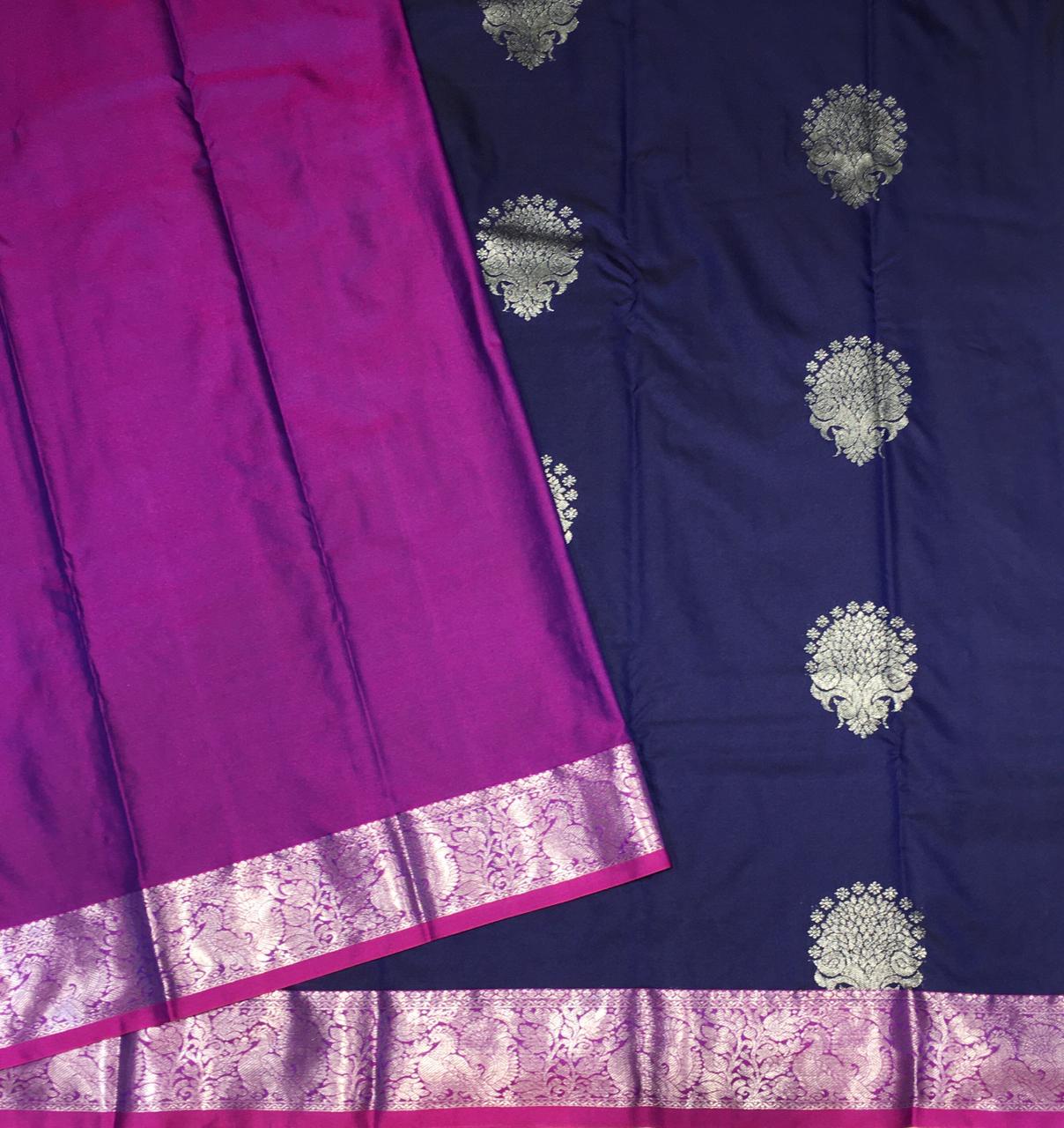 Navy Blue and Magenta Pink Semi Kanjivaram Saree-view3