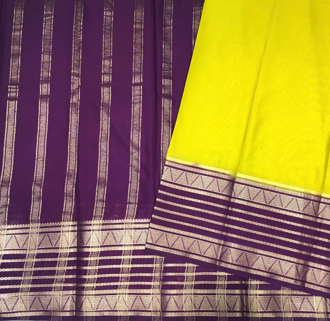 Lemon Yellow and Purple Crepe Saree-view1