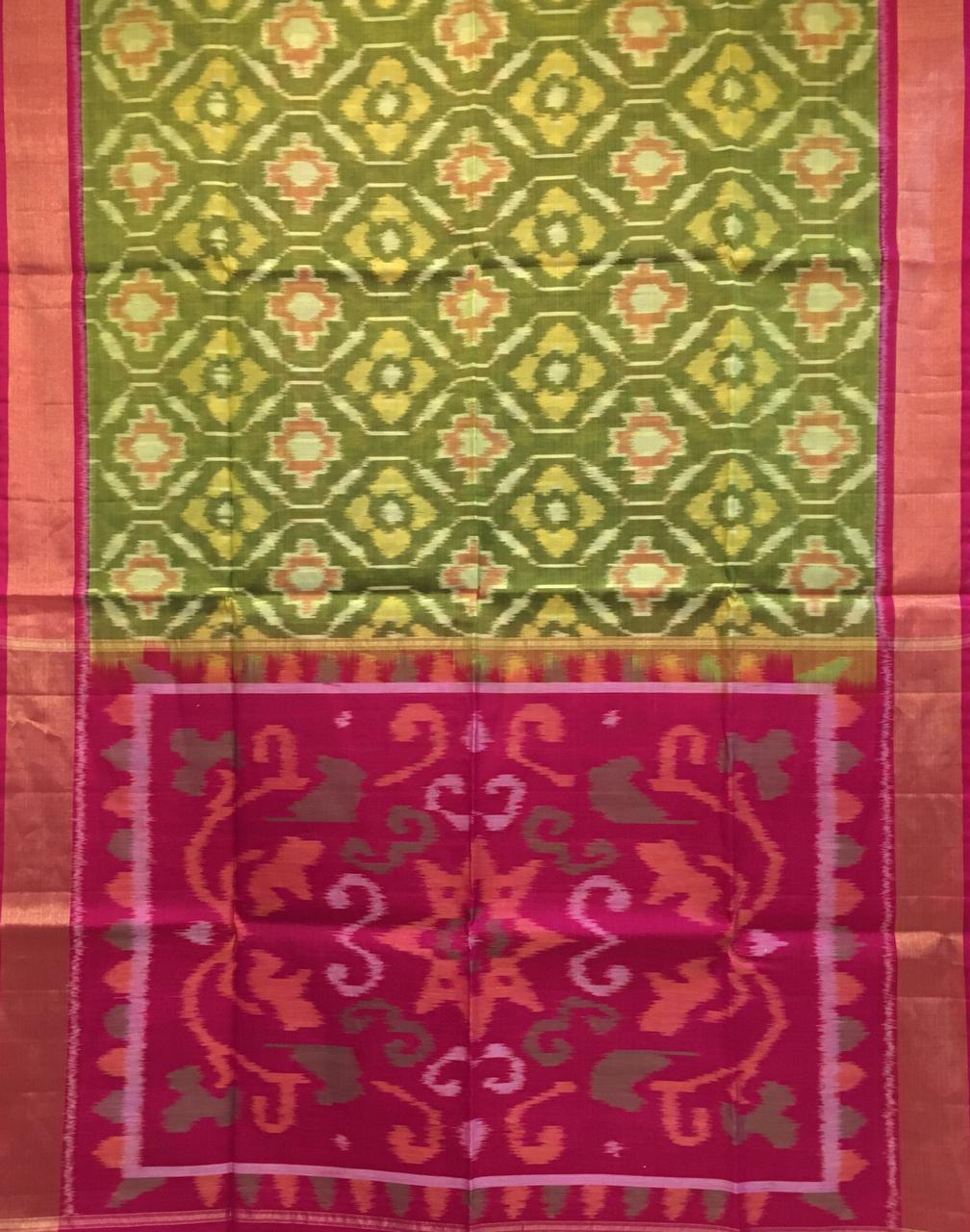 Parrot Green And Pink Pochampally Silk Cotton Saree