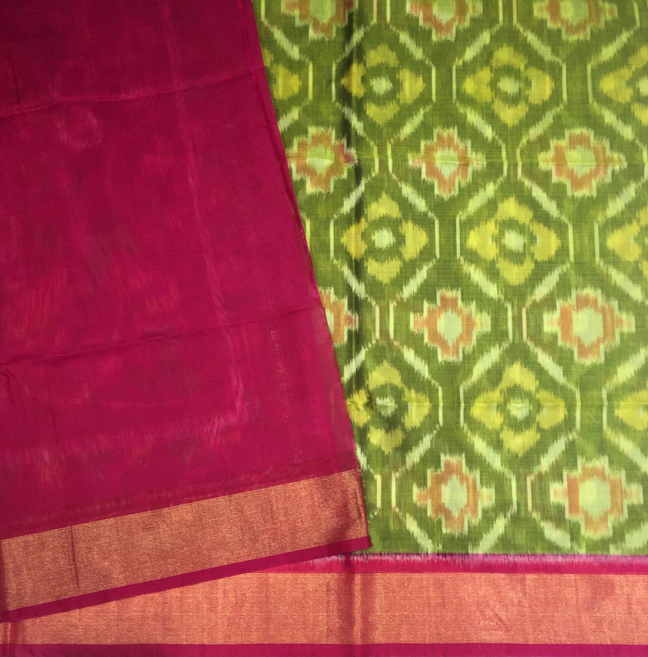 Parrot Green And Pink Pochampally Silk Cotton Saree