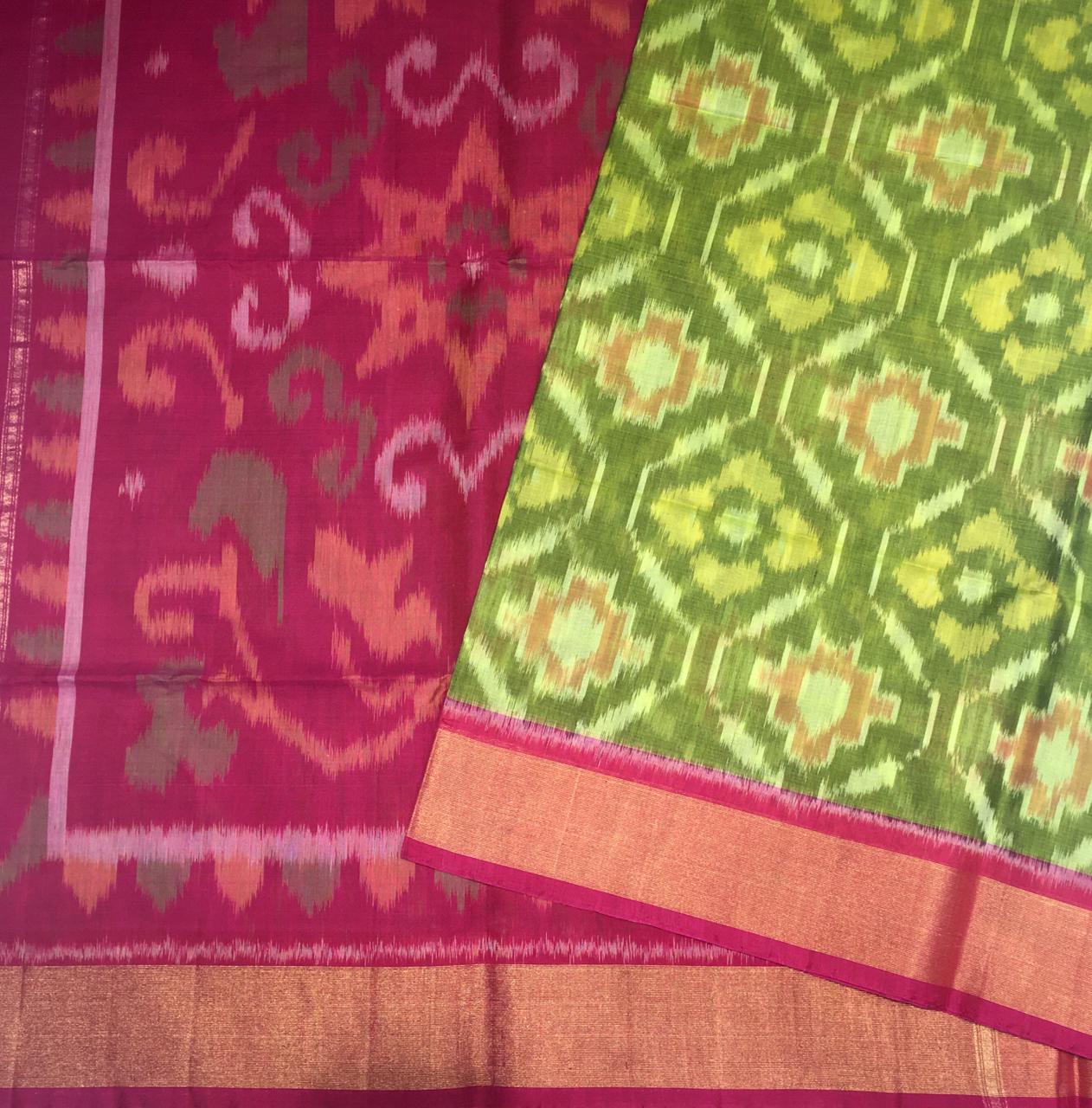 Parrot Green And Pink Pochampally Silk Cotton Saree