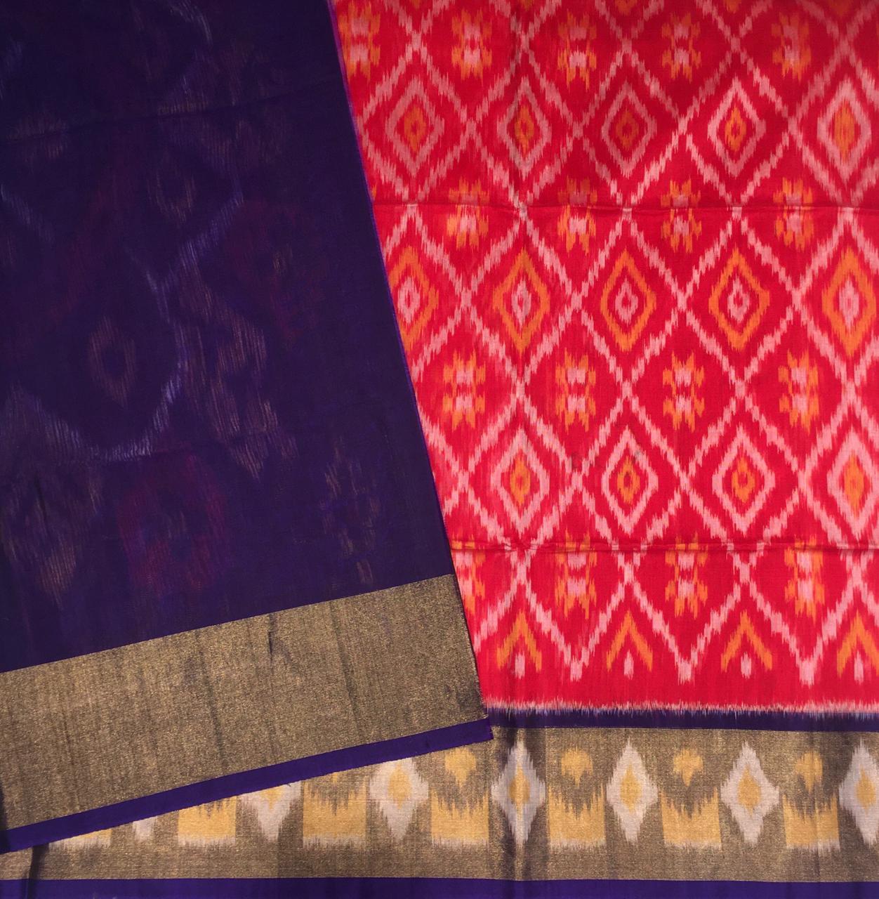 Red And Royal Purple Pochampally Silk Cotton Saree