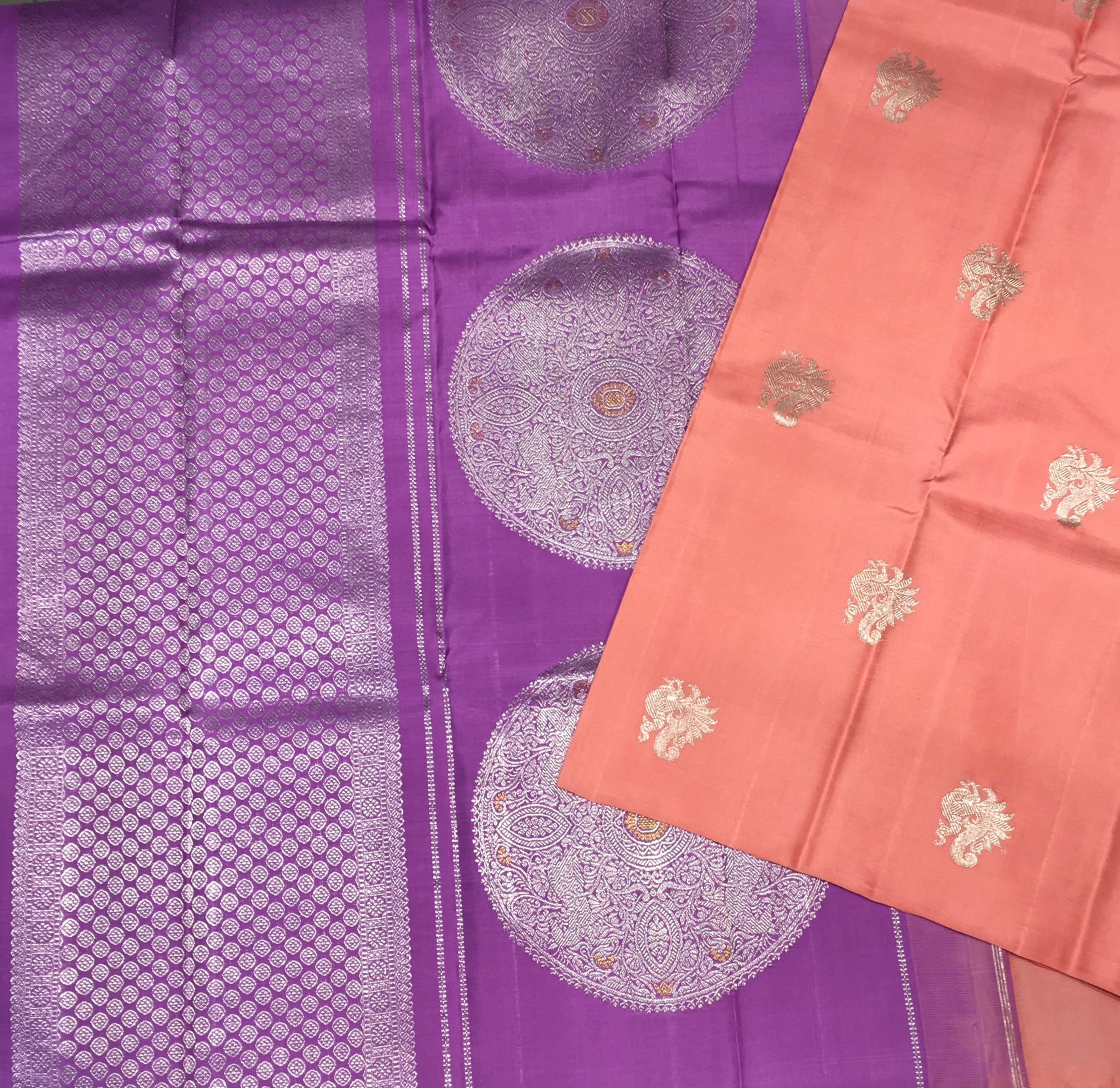 Peach and Royal Purple Borderless Kanjivaram Silk Saree-view1